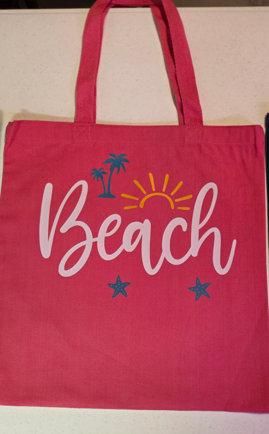 Pink Canvas Beach Tote - Beach, Sun, Starfish