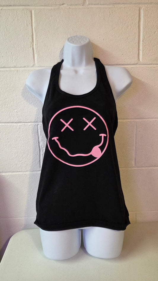 Women's Black Racerback Tank  - Smiley Face